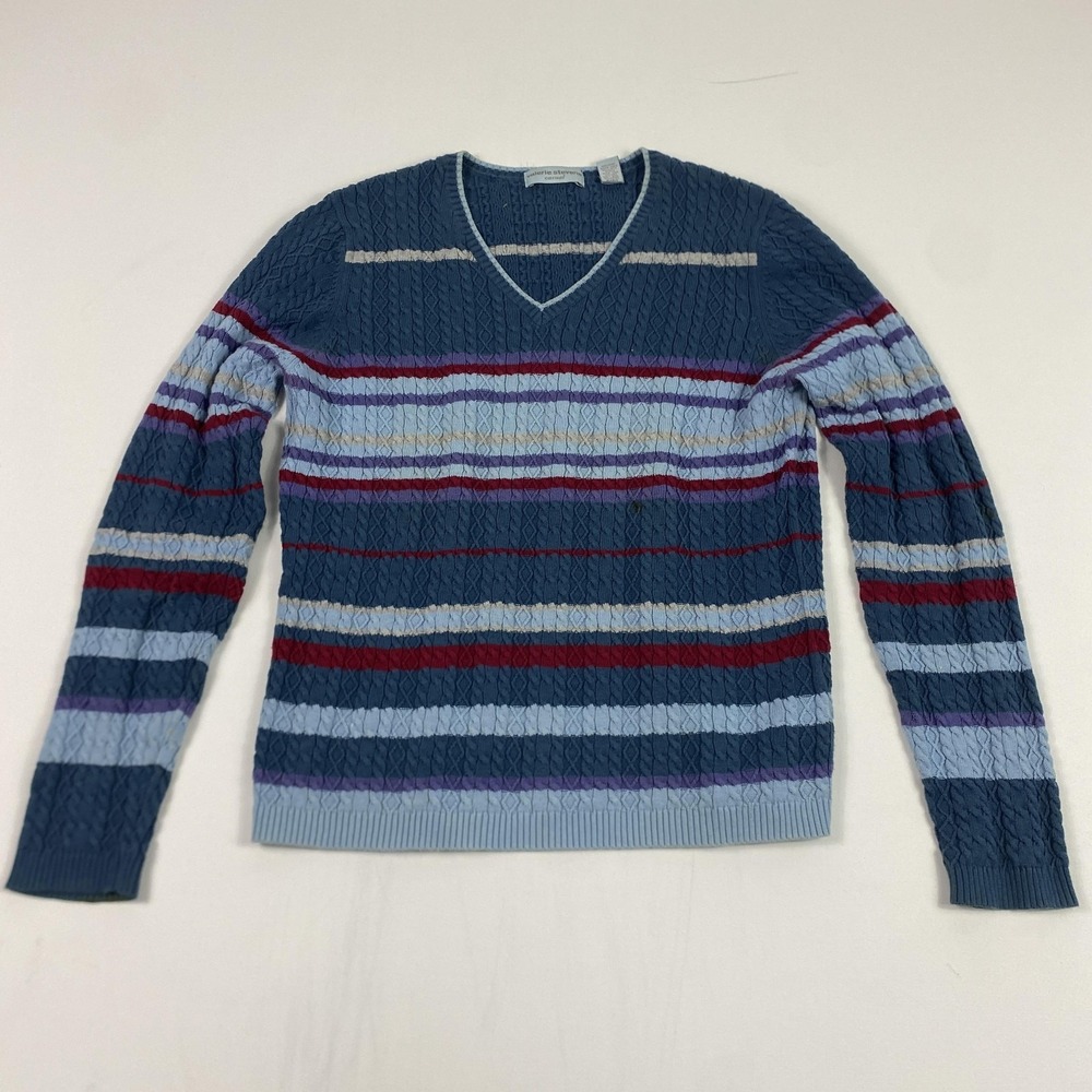 Valerie Stevens Sweater Womens Medium Blue Striped Cable Knit V Neck‎ Cotton